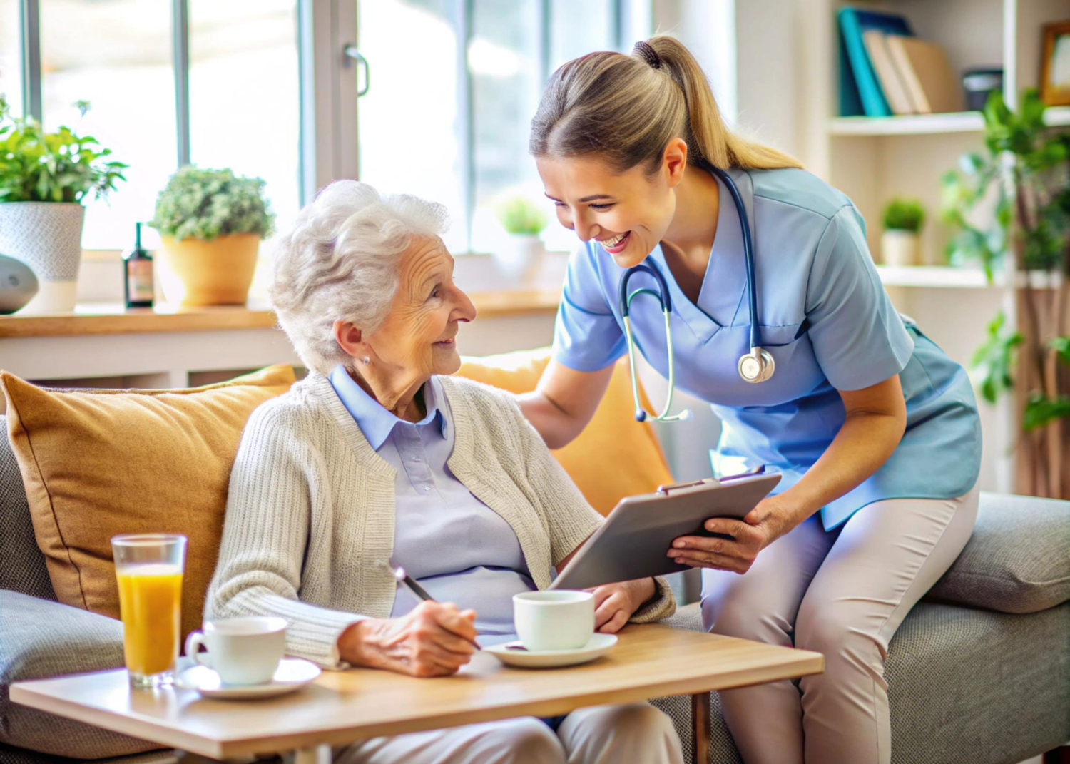 Asistentă medicală discutând cu o pacientă la domiciliu